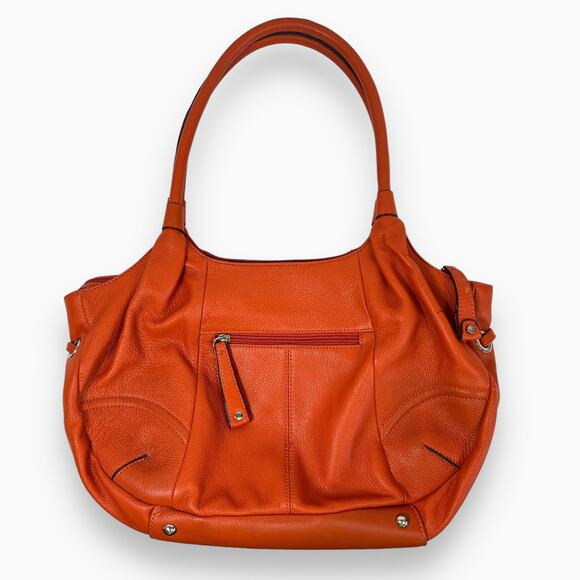 Isaac Mizrahi Leather Handbag Orange Satchel Zip Close Handles Inner Pockets - Picture 2 of 14